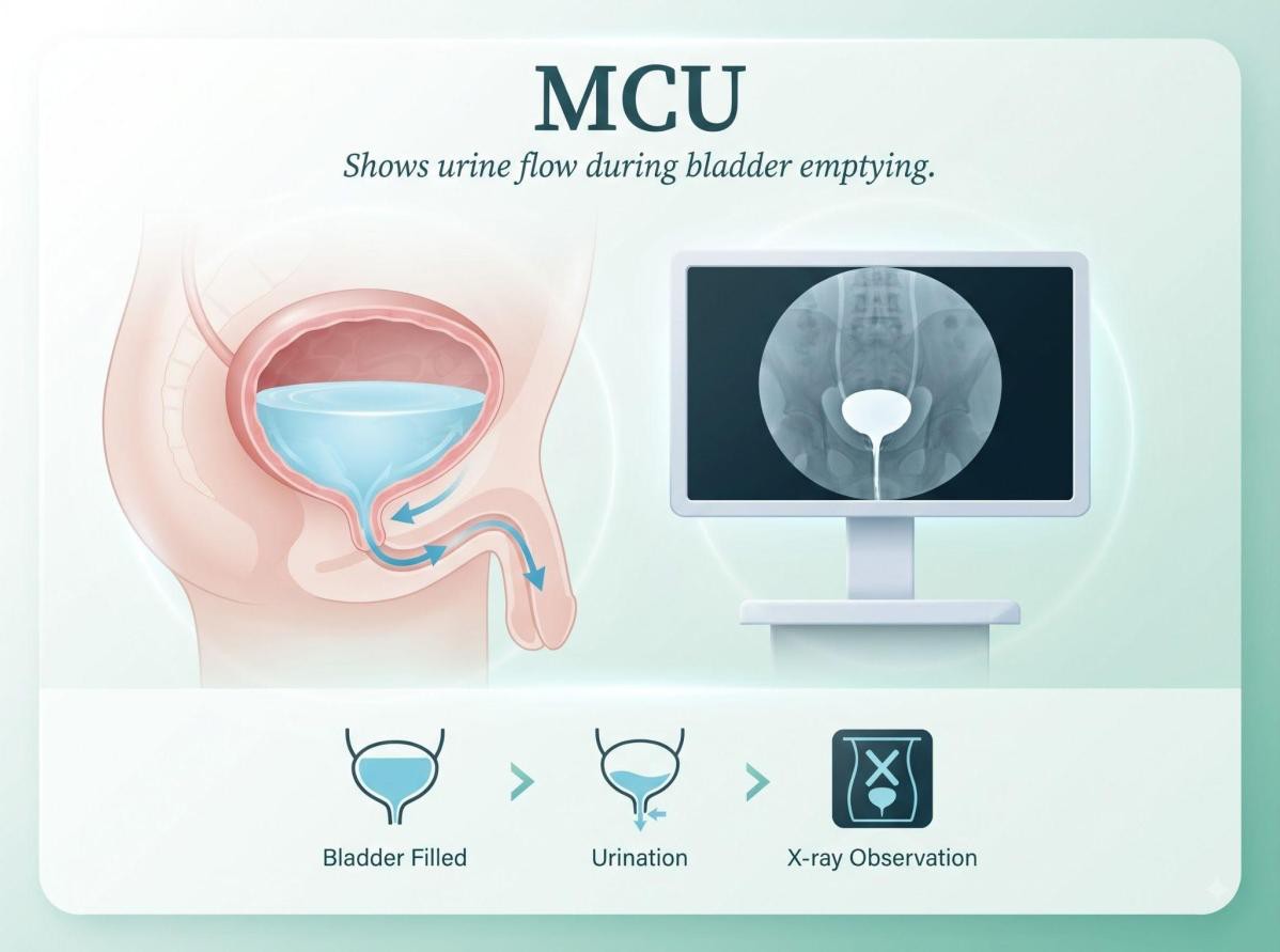 MCU (micturating cystourethrogram) shows urine flow during bladder emptying on X-ray