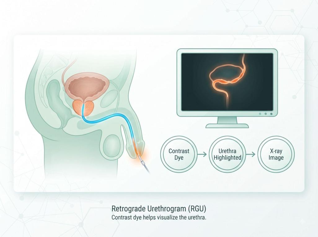 Retrograde urethrogram (RGU): contrast dye helps visualize the urethra on X-ray